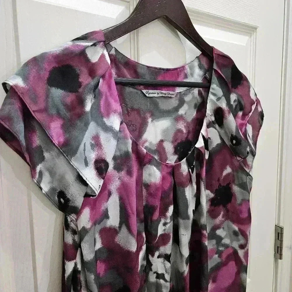 Signature by Larry Levine Pink Gray Floral Flowy Top Sz XL